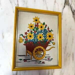 Vintage 1970s Wheelbarrow Flower Art – Yellow Frame – Folk Garden Wall Decor